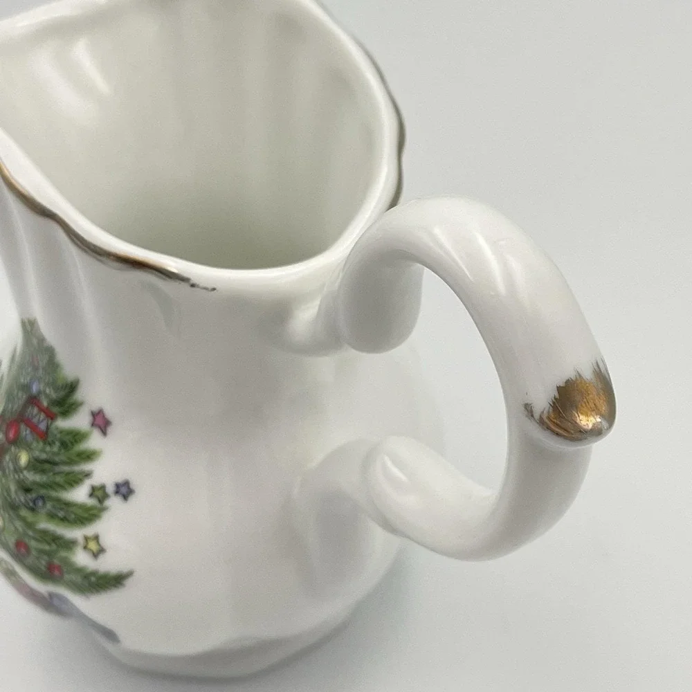 Vintage 1980s‎ Christmas Tree Creamer & Sugar Set Taiwan Porcelain Gold Trim